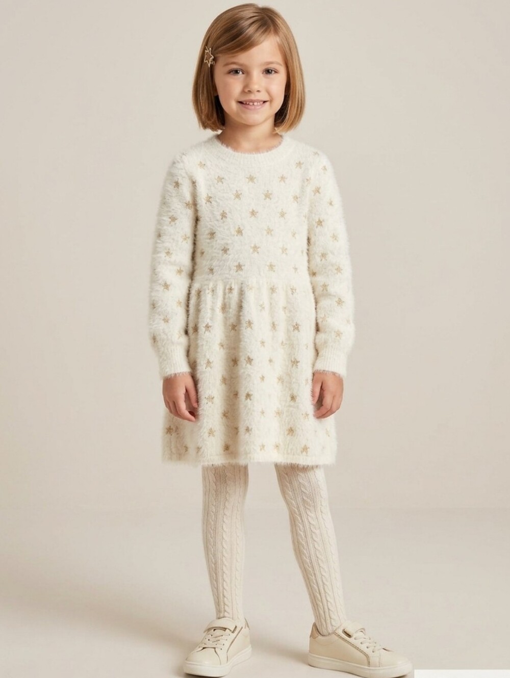 Rare Editions Cream Knit Dress with Gold Star Accents